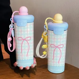 600ML Insulated Cup Tumbler with Cute Lanyard, Plaid Bow Pattern Coffee Mug, Stainless Steel 316, Suitable for Outdoor Sports, Travel, Home Use