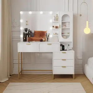 Modern Vanity Makeup Desk with Vanity Mirror, Built-in Lights, 4 Drawers, Crystal Ball Knobs, Power Outlet, White Makeup Desk for Bedroom