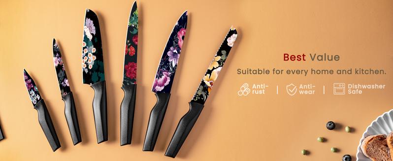 Astercook Knife Set - Colorful 6 Rust Resistant Coated Stainless Steel Kitchen Knives with 6 Edge Guards, Ergonomic Chef's Knife Modern Cutting Block