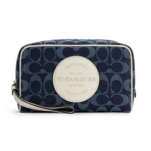 COACH Dempsey Boxy 20 Chambray Cosmetic Bag with Zipper and Leather Trim for Women in Denim Blue