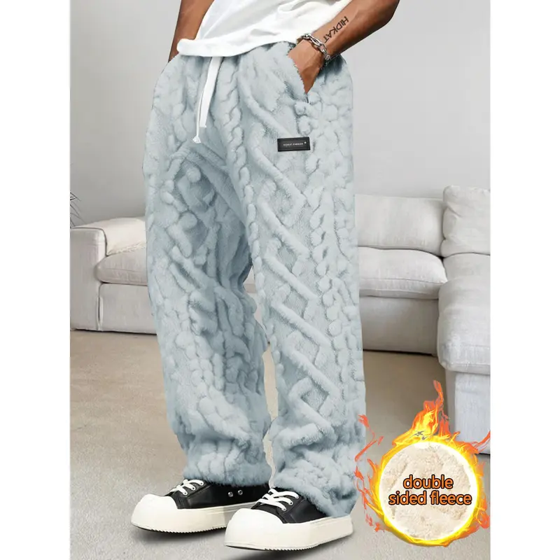 Men's Heavyweight Winter Trousers - Thickened Durable Non-Stretch, Elastic Drawstring Waist + Geometric Pattern, Cold-Weather Everyday/Outdoor Pants