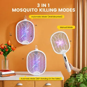 3-in-1 Foldable Mosquito Zapper Racket, 4000V Electric Fly Swatter with 1800mAh Rechargeable Battery, Type-C Charging Bug Zapper with Wall Mount & Stand, Double-Switch Safe Pest Control for Home, Bedroom, Kitchen & Patio