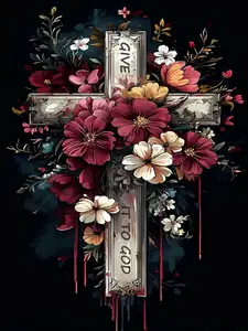 Cross Diamond Art Kit for Adults,Flower Cross 5D Diamond Painting Kit for Beginners,DIY Round Full Diamond with Gemstone Art Craft Kit for Home Wall Decor