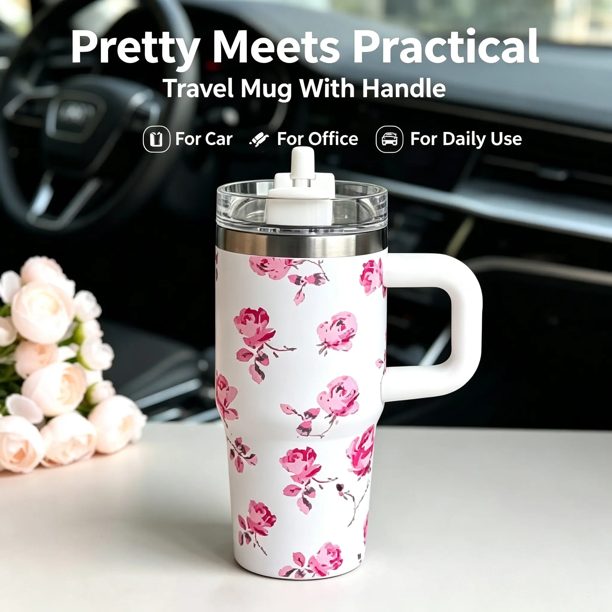 14oz Car Cup 304 Stainless Steel Insulated Travel Tumbler with Handle Straw Lid & Cold Retention for Vehicle, Office, Gifts