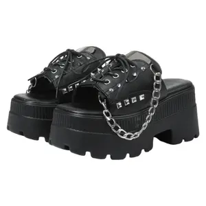 Women's dark punk style thick soled shoes with rivets and chain decorations, personalized trendy and cool for outdoor wear and cooldown