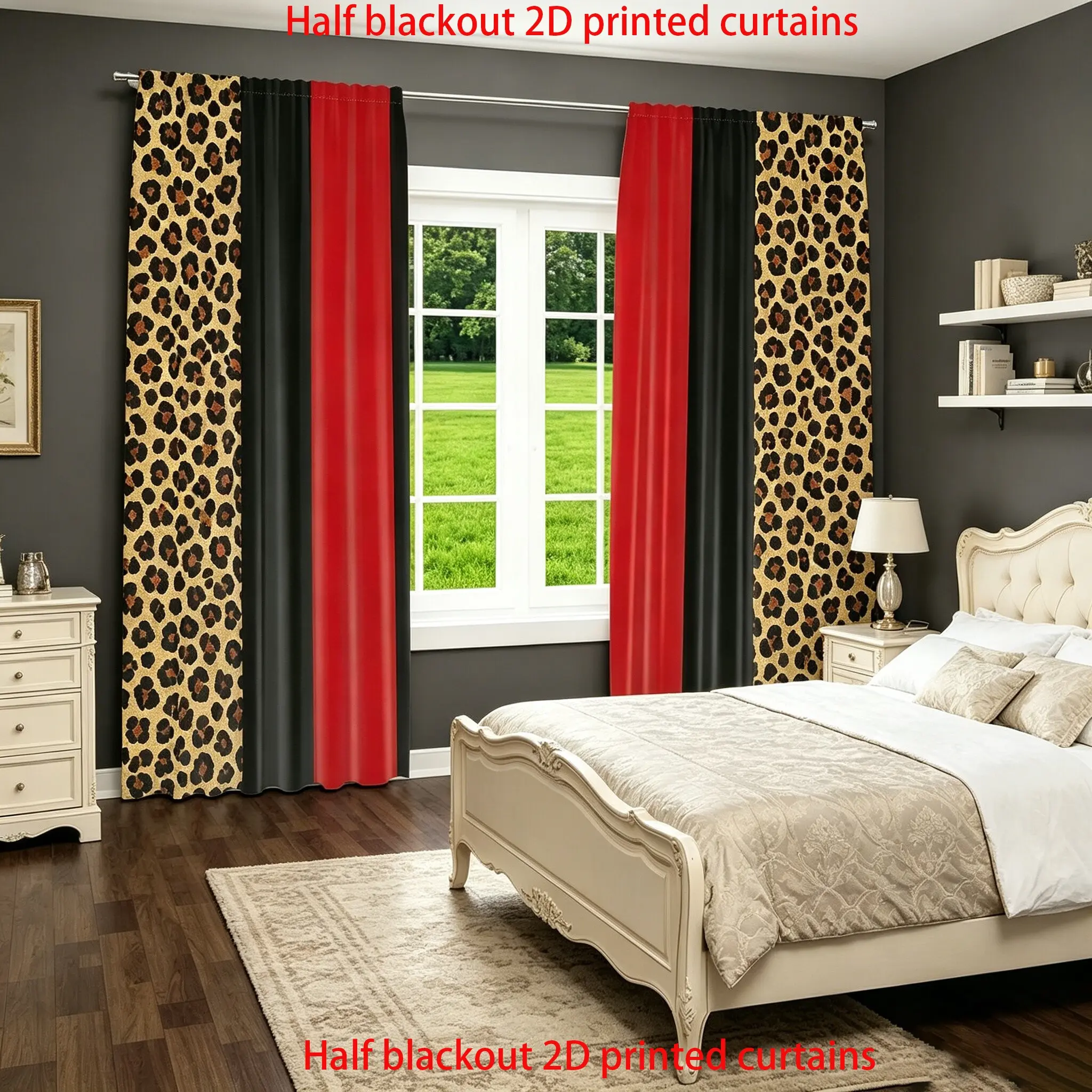 2-piece set of red and black leopard color blocked curtains, Window curtain, Home Decorative Curtain, classic retro style, semi transparent polyester fiber material, pole bag design, suitable for home decor, all year round