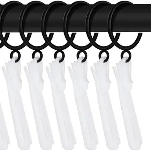 INOVADAY 12 Pack Black Curtain Rings with Eyelet & Adjustable Pinch Pleat Curtain Hooks, Metal Drapery Rings and Plastic Ratchet System Hooks for Drapes, 1.5inch Internal Diameter