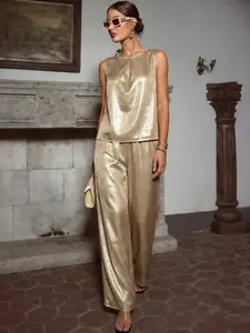 Champagne Gold Sleeveless Top & Wide Leg Pants Set, Glossy Fabric, Loose Fit, Elegant for Evening Parties, Luxurious Gatherings