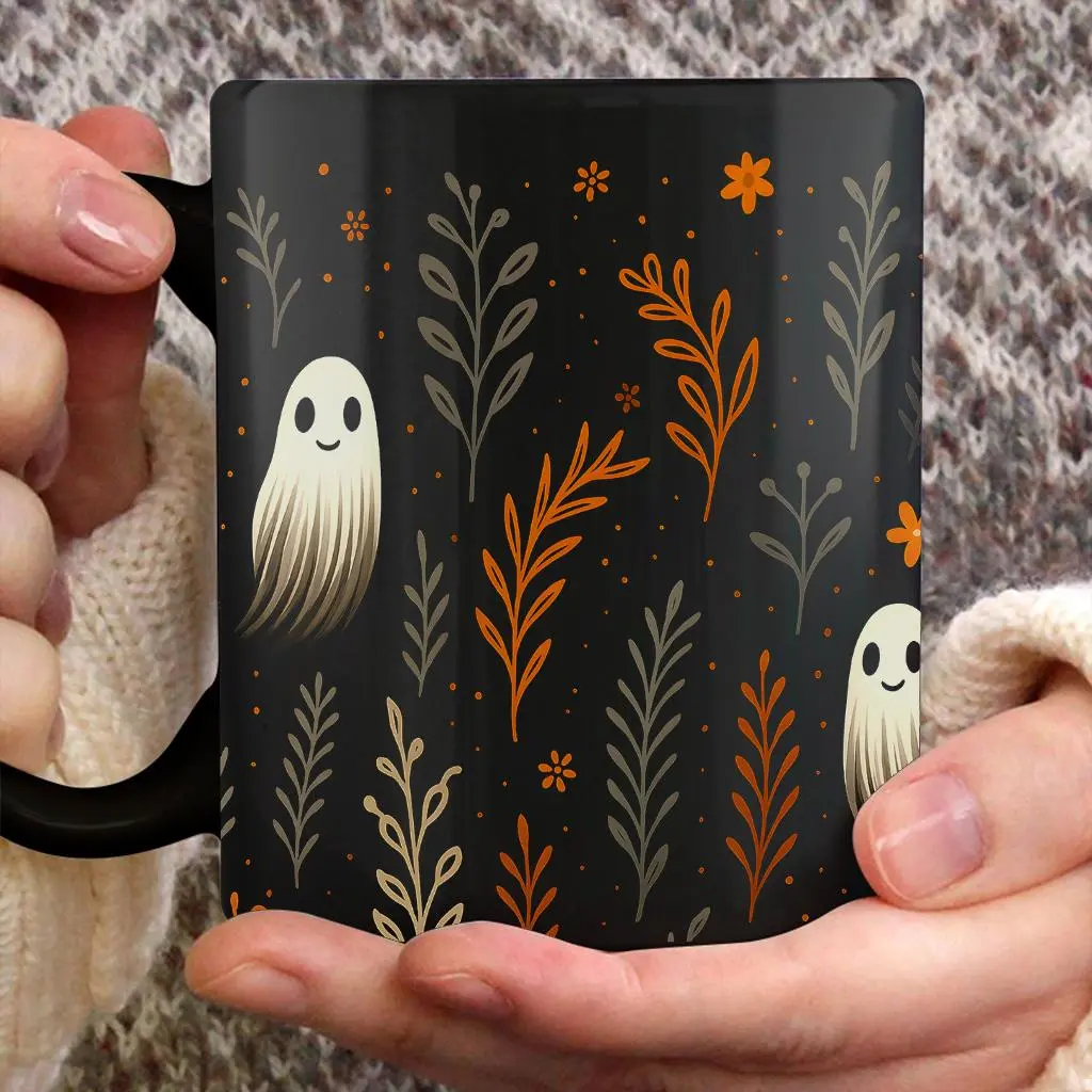 Vintage Printed Ceramic Coffee Mug - Reusable Novelty Coffee Mug with Spooky Ghost & Autumn Floral Design, Stylish Kitchenware Drinkware for Drinks, Model hll10819