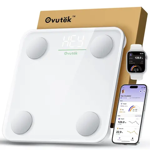 Ovutek Smart Digital Bathroom Scale Body Weight Fat BMI Tracking with 14 Body Composition Metrics, Smartphone App Sync for Fitbit Apple Health Google Fit, Family Mode, Compact Accurate 400lb Capacity