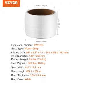 VEVOR Packaging Woven Cord Strapping Roll, 660' Lengthx 1/2 Widthx 0.03 Thickness, 882 lbs Breaking Strength, Heavy Duty Banding Pallet Strap Coil, Portable Strong Banding Packing Straps, White