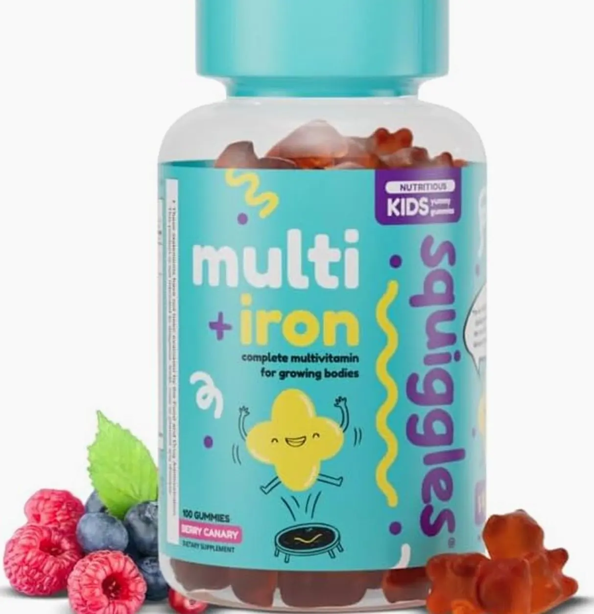 Squiggles Kids Multivitamin + Iron Gummies - Low Sugar Gummy Vitamins with Iron Supplements for Kids - Broad Spectrum of Vitamins and Minerals, Chewy, Yummy Berry Flavor (100 Count)