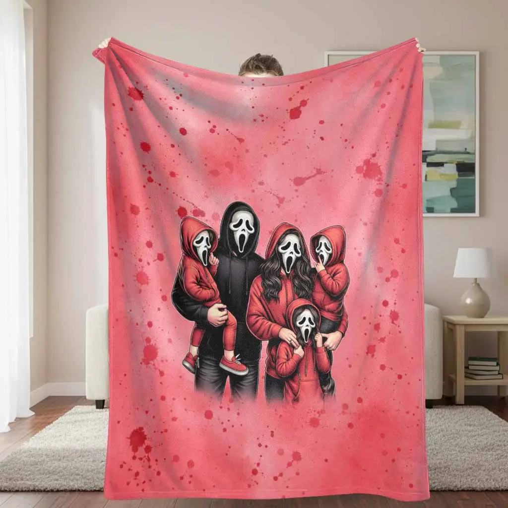 Horror Movie Character Flannel Blanket Scary Mask Graphic Design Super Soft Lightweight Breathable Cozy Plush Throw for Bed Couch Living Room Office Camping Movie Night Gifts for Friends
