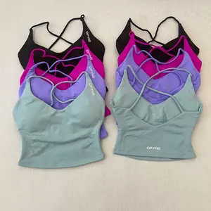 DFYNE Seamless Plunge V-Neck Tank Top| Built-in Bra Longline Sports Bra, Ultra-Stretch Strappy Criss-Cross Back Yoga Cami