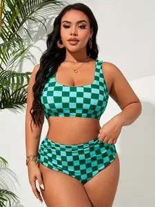 Plus Size Green Checkered High Waisted Bikini Set Tummy Control Ruched Two Piece Swimsuit for Curvy Women Beach Vacation