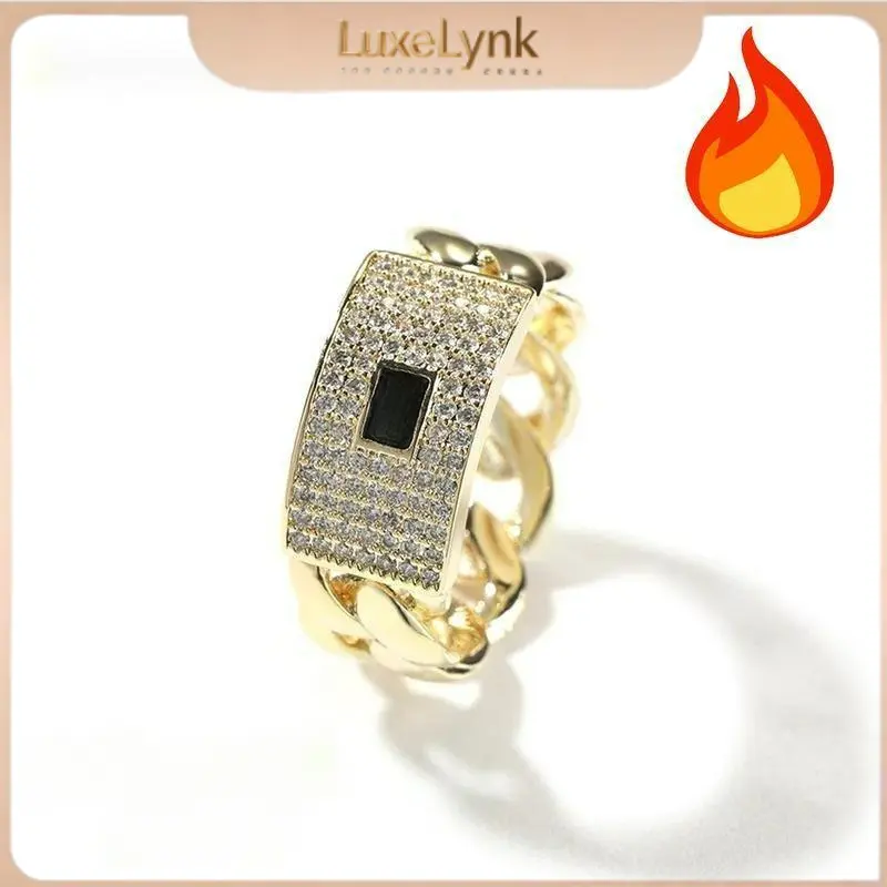 Cuban Chain Ring Niche Design Iced Out Zircon, Hip Hop personality Fashion, Hip Hop Ring for Men and Women with Gift Box, ink Chain Rings, Size # 6- # 10