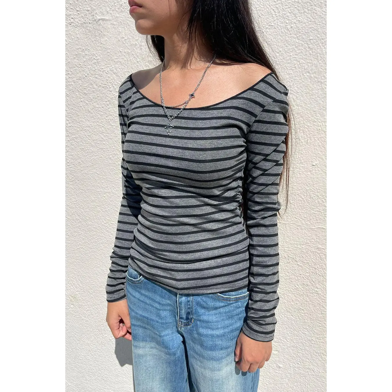 Grunge Look Off-The-Shoulder Long Sleeve Striped Top