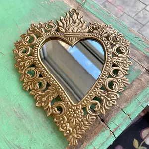 Scroll Sacred Heart Mirror - Elegant Design with Natural Wood Finish and Simple Black Frame