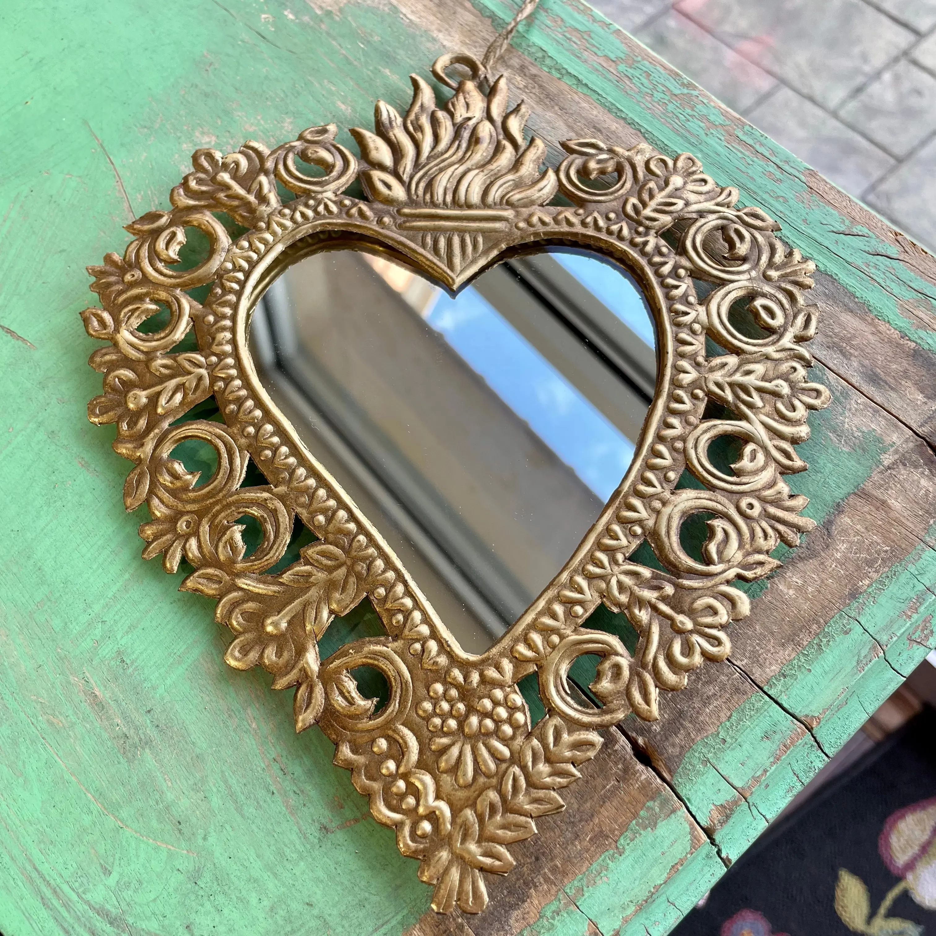 Scroll Sacred Heart Mirror - Elegant Design with Natural Wood Finish and Simple Black Frame