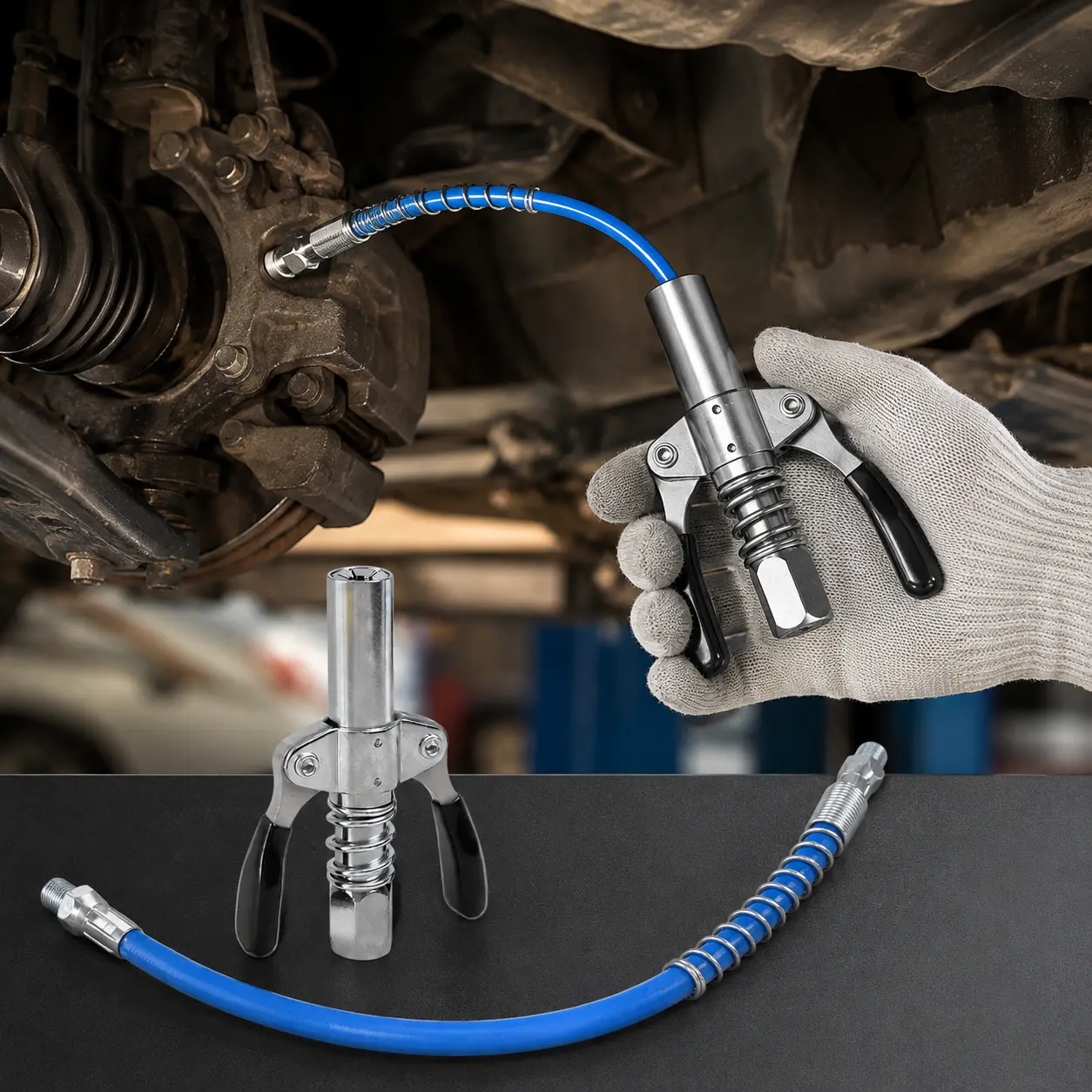 1/8" NPT Grease Gun Coupler Heavy Duty Lock On Grease Tips, High Pressure Grease Nozzle Quick Release Grease Coupler Kit Compatible with All Standard Grease Guns