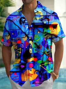 Men's Abstract Graffiti Print Button Front Short Sleeve Hawaiian Tropical Shirt, Casual Summer Vacation Blouse, Slim Fit All over Print, Casual Collared Shirt