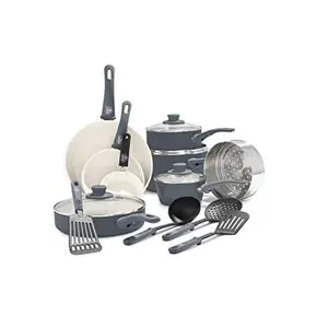 GreenLife 16 Piece Nonstick Cookware Set, Soft Grip Non-Toxic PFAS-Free Ceramic Pots & Pans, Dishwasher & Oven Safe, Frying, Sauce, Saute, Utensils, Glass Lids, Stay-Cool Handles, Wobble Free, Gray