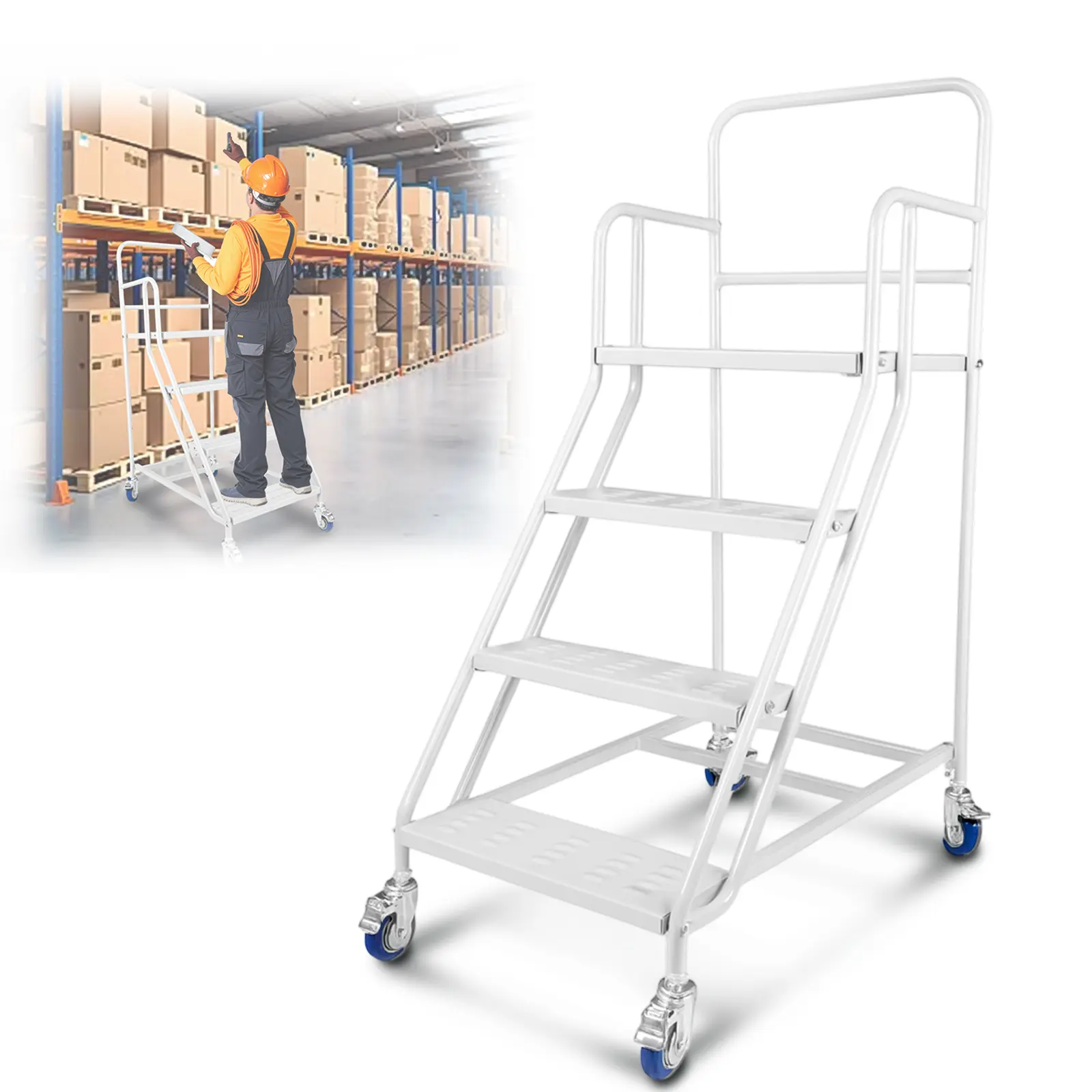4 Step Rolling Stairs with Wheels, Industrial & Warehouse 4-Step Stairs, Non-Slip Rolling Steps with Stair Edge Protector, Easy to Move Rolling Steps for Goods Shelves, 23.6"x59.1", 445LBs Capacity