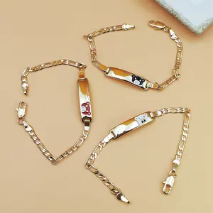 Cute Cartoon Bear Kids ID Bracelet Gold Plated Figaro Link Chain for Toddlers & Babies Adjustable Length
