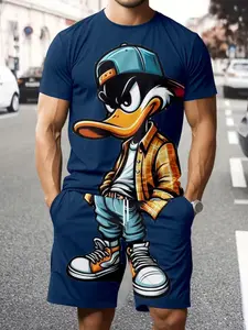 Men's Casual Duck Theme Set with Short Sleeve Shirt and Shorts, Matching Color Patchwork, Perfect for Travel Parties Beachwear