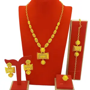 Women's 4-Piece Traditional Hollow Filigree Barrel Gold Jewelry Set - Long Oval Link Pendant Necklace, Matching Drop Earrings, Bracelet, Ring - African Bridal Wedding Statement Accessories, Luxury Anniversary Gift