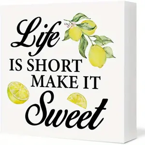 Motivational Lemon Sign Kitchen Bathroom Decor Lemon Life Is Short Make It Sweet Wood Block Sign for Table Shelf Decoration 5x5 inch