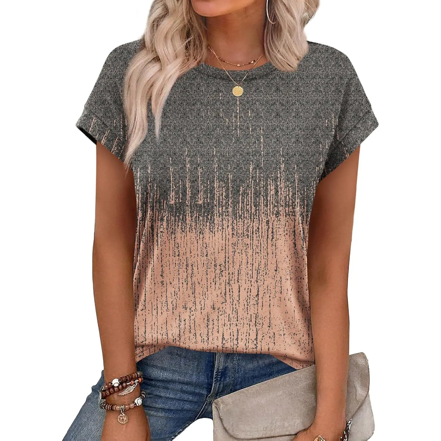 Women's Short Sleeve Tunic Tops, Trendy Round Neck Blouses for Summer, Loose Fit Dressy Casual Shirts S-3XL, Lady, Shortsleeve, Trendy Blouse