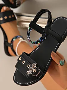 Women's Punk Style Bat Design Flat Slide Sandals, Fashionable Stud Decorated Sandals for Beach Vacation, Casual Versatile Shoes for Daily Wear, Boho Casual Sandals, Girl