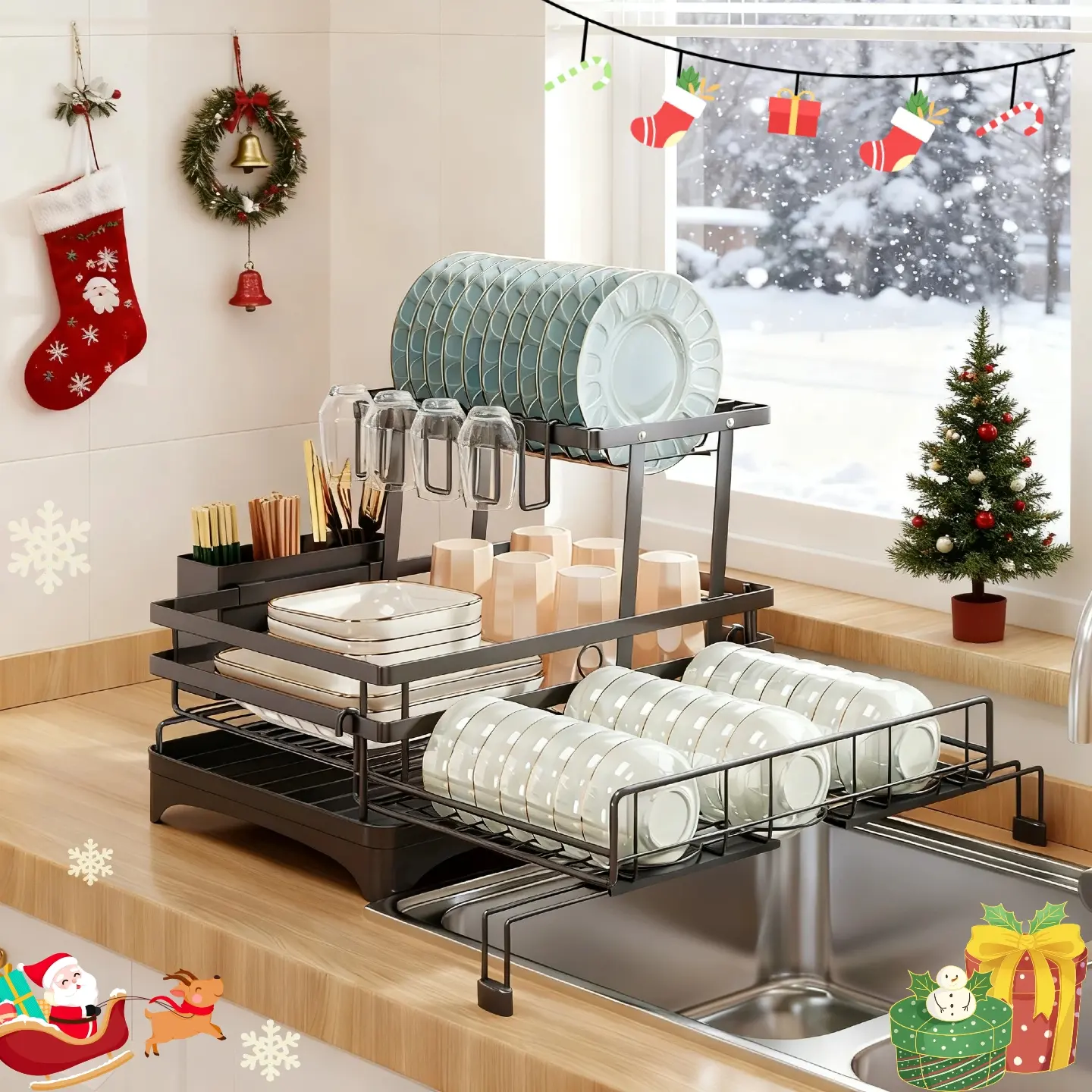 Foldable Pull-out Dish Drainer, Over Sink Foldable Pull-out Dish Drainer, Two-layer Carbon Steel Dish Drainer with Utensil Rack, Space-saving Kitchen Storage Rack Suitable for Small Sink Sides