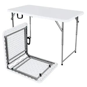 Wisdomfixtures 4FT Adjustable Height Heavy Duty Plastic Fold-in-Half Portable Folding Table with Carrying Handle for Camping and Party Use