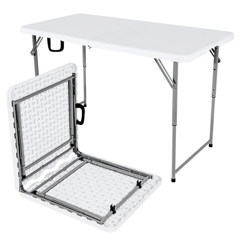 Wisdomfixtures 4FT Adjustable Height Heavy Duty Plastic Fold-in-Half Portable Folding Table with Carrying Handle for Camping and Party Use
