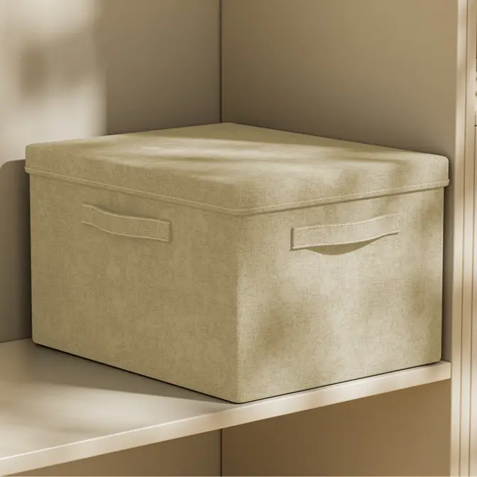 A 3-piece set of storage boxes in gray and beige colors. They can be used to store clothes, books, blankets, etc. They are one of the essential storage items for home use.