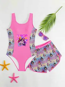 Girls' Cartoon Print Swimsuit Set, Bright Two-Piece Swimwear, Matching Color Shorts, Slim-Fitting Party Style Suit