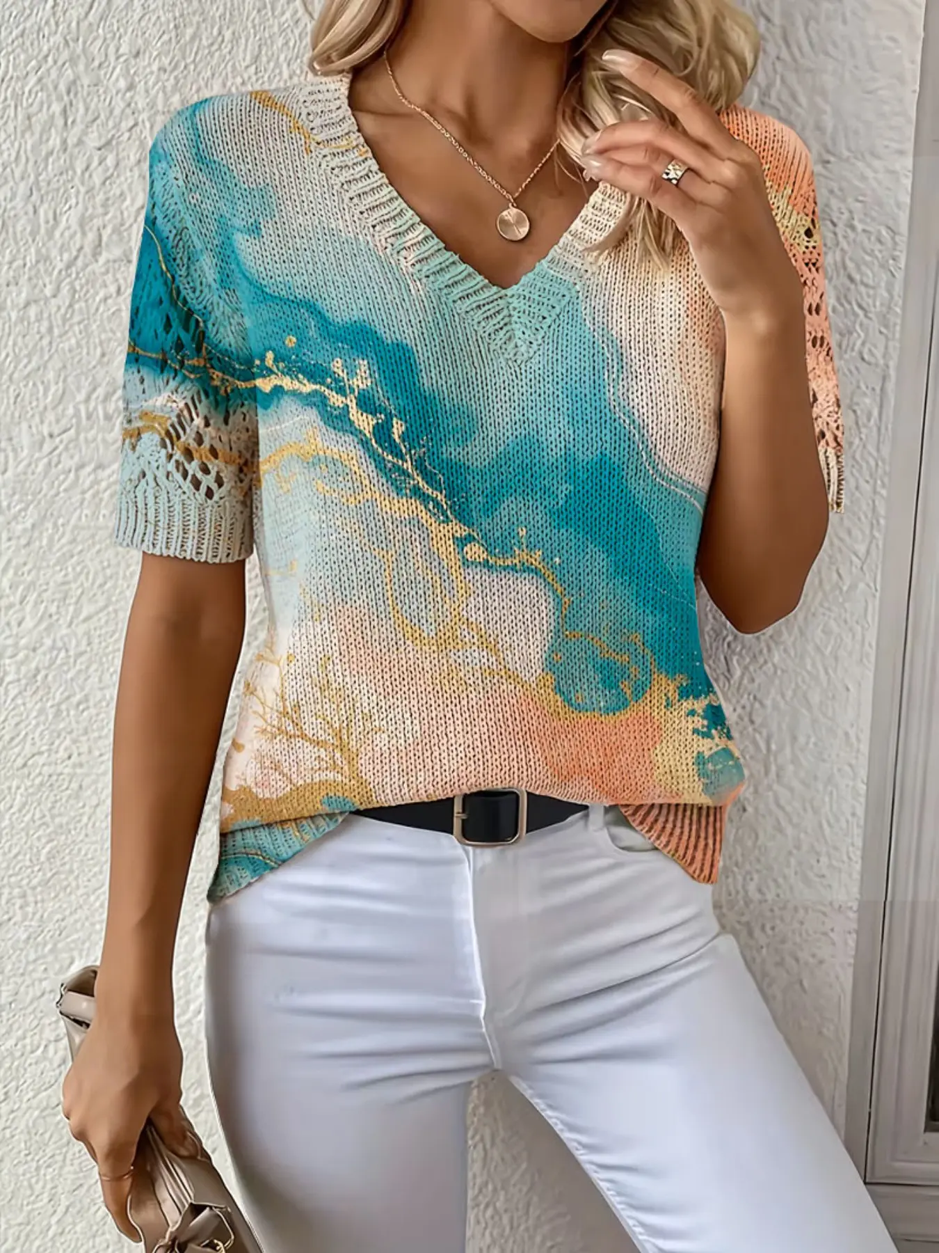 Elegant Marble Print V-Neck Knit Sweater, Casual Loose-Fitting Short Sleeve Top, Geometric Pattern Women's Knitwear Summer & Spring Fashion