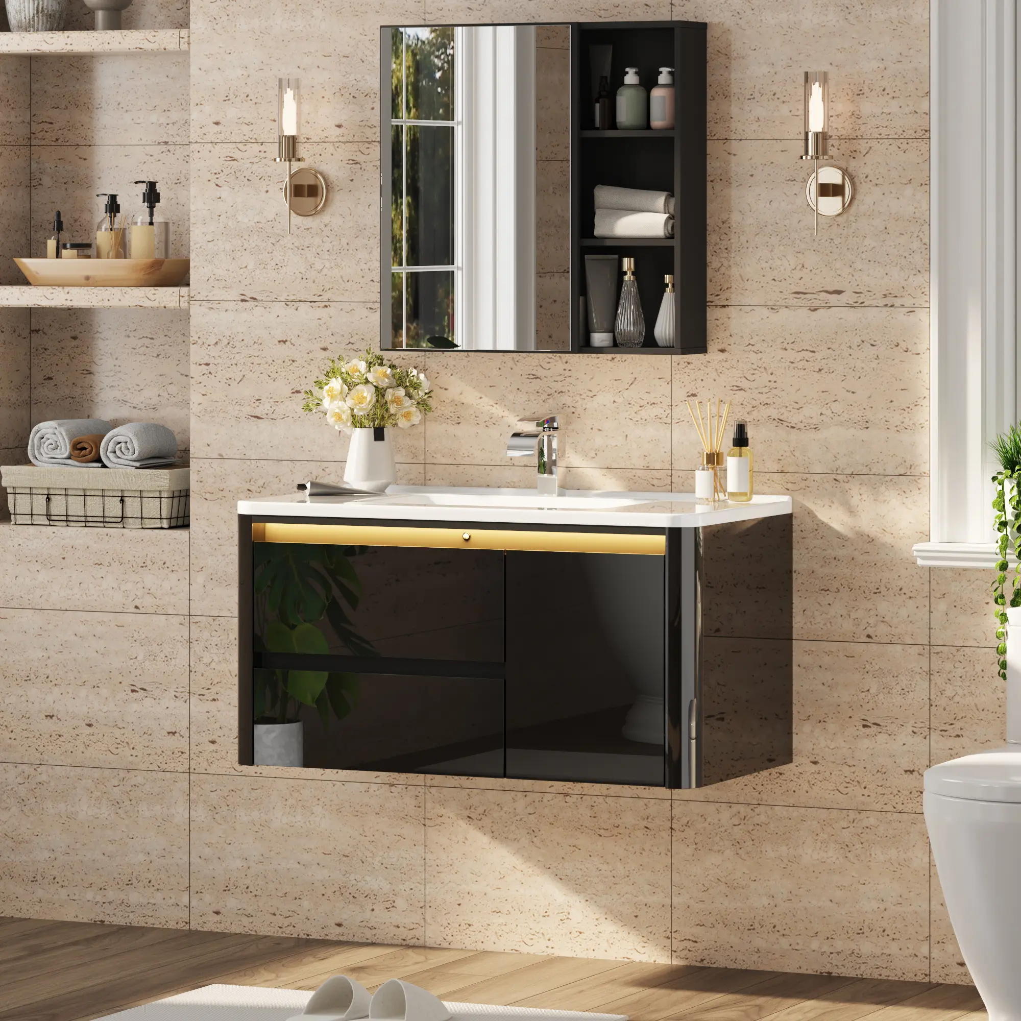 36" /30" Furniture-Style Floating Bathroom Vanity Set with Sink, Mirror, LED Light, Drawer Wall Cabinets, Multifunction Glossy Wall-Mounted Storage Cabinets, Multifunction Wall Cabinets