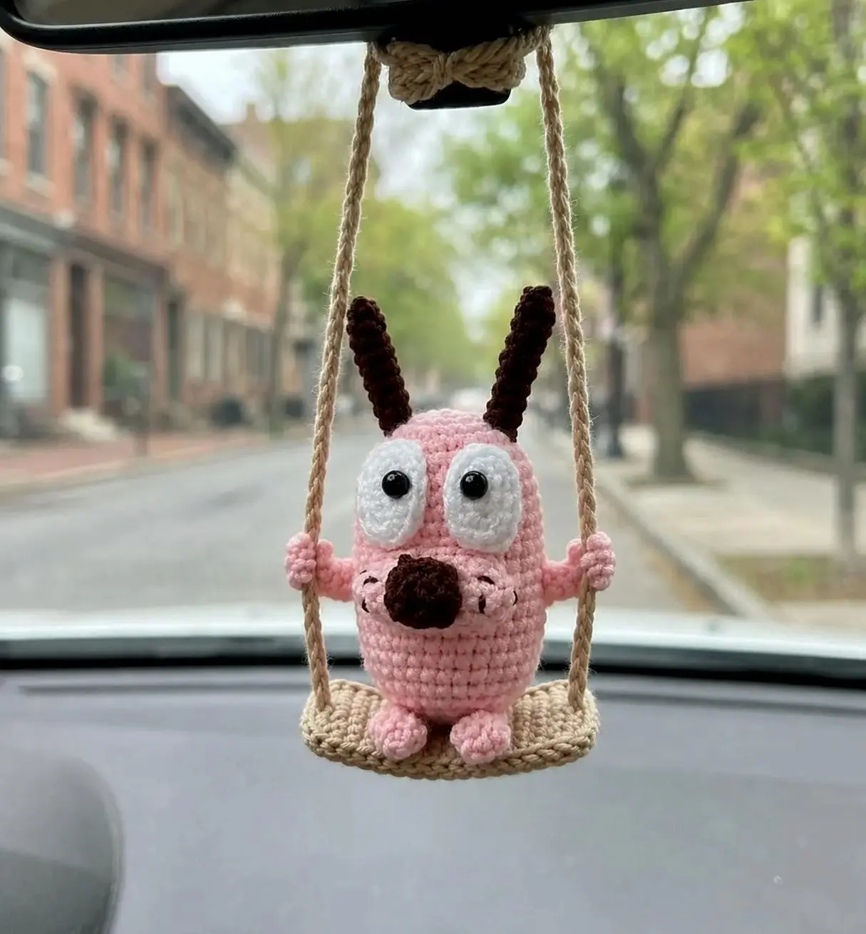 Crochet Scared Pink Dog Car Hanging - Cute Rearview Mirror Hanging, Handmade Amigurumi Dog, Funny Gift for Him Her, Car Accessories