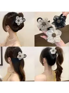 Organza Mesh Flower Hair Claw Clip, New Rhinestone Camellia Shark Clip, Women Back Head Luxury Hair Accessories