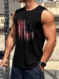 Men's Sleeveless Shirt with Worn American Flag Design, Unisex Sporty Vest for Summer, Slim-Fitting All over Print Top for Fitness or Casual Wear, Athletic Tank