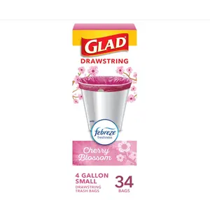 Small Trash Bags 4 Gallon, Febreze Cherry Blossom Garbage Bags, Odor Resistant with Drawstring, 34 Count