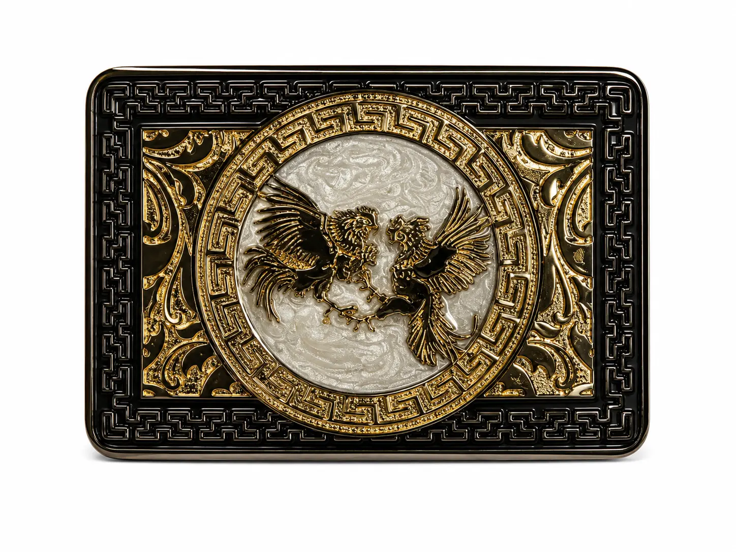 Black & Gold Double Eagle Western Belt Buckle – Pearl Center Engraved Design