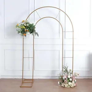 8ft Tall Gold Metal Round Top Double Arch Wedding Arbor Ceremony Stand, Flower Balloon Frame Backdrop Stand