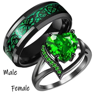 Heart-shaped Stainless Steel Green Dragon Pattern Ring Fashion Couple Ring with Inlaid Rhinestone Geometric Design