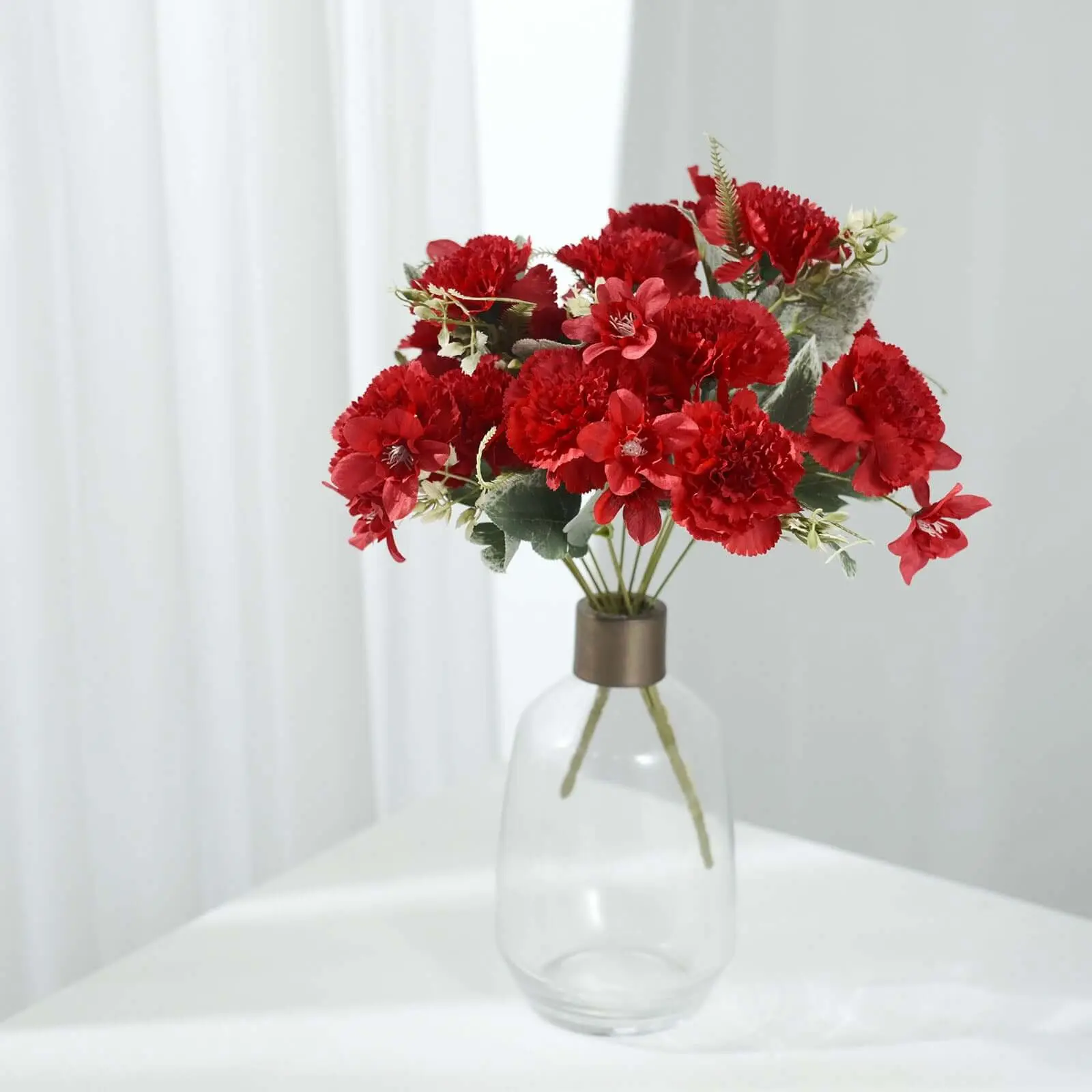 Decorative 3-Pack Red Artificial Silk Carnation Flower Bushes, 14in Artificial Plants for Home Decor