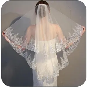 Sequins Bride Wedding Veil Short Fingertip Length Two-Tier/2T Lace Bridal Veils Glitter Soft Tulle Veils with Comb