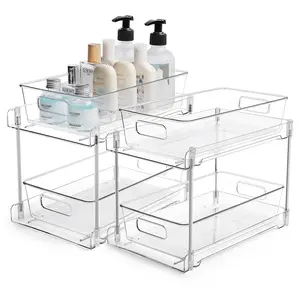 Double Layer Bathroom Organizer, Under Sink Storage, Transparent Container for Vanity and Medicine Cabinet, Drawer Style Bin for Kitchen